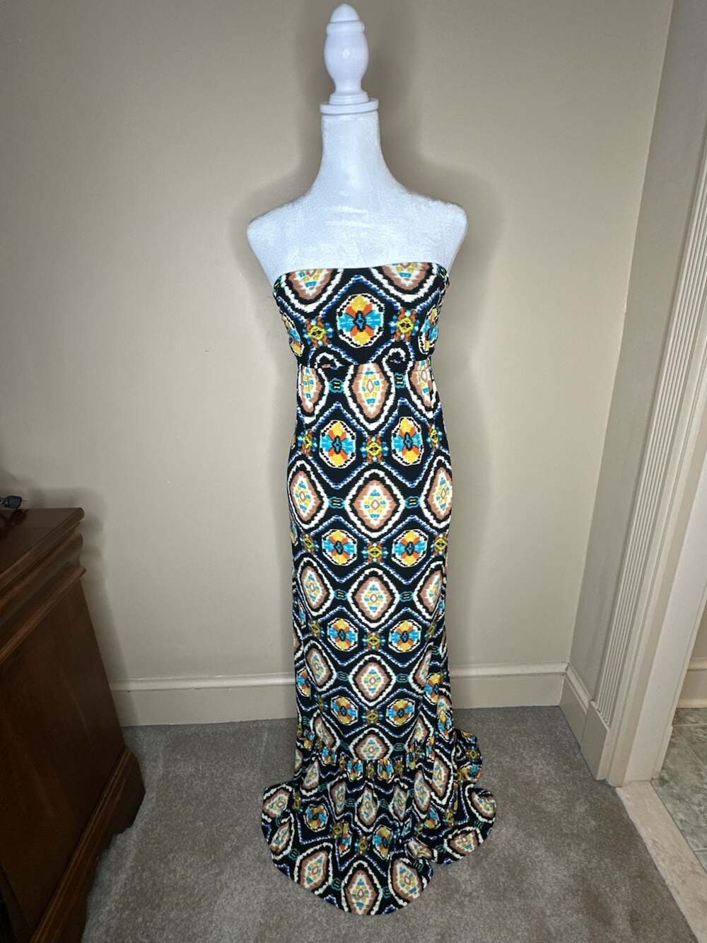 Veronicam Maxi Dress Size S Multicolor Geometric Print Strapless
